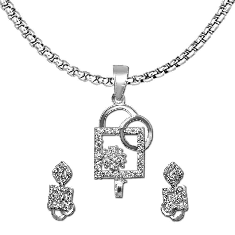 92.5 Sterling Silver Flower in Square Frame Solitaire Pendent Set - tglsps025