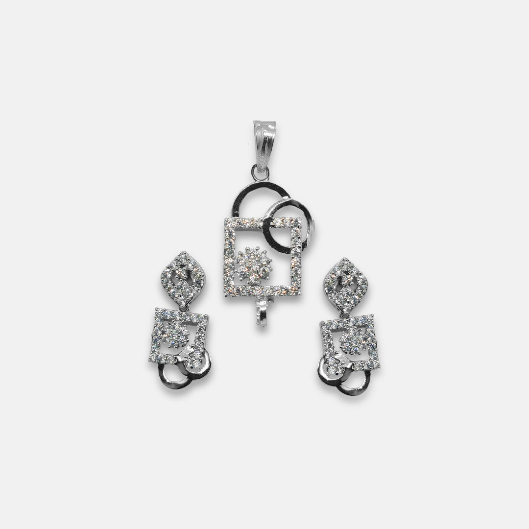 92.5 Sterling Silver Flower in Square Frame Solitaire Pendent Set - tglsps025